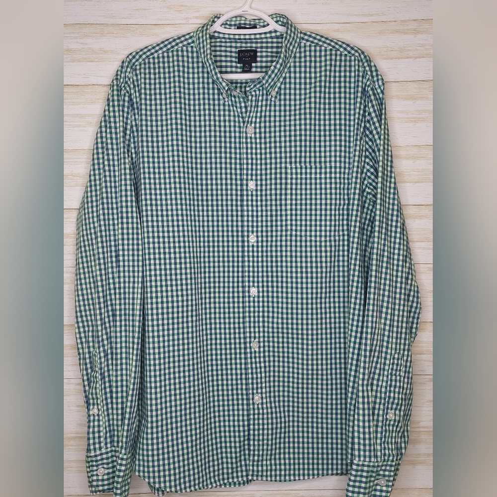 J Crew Shirt Mens XL Green Blue Gingham Plaid Flex Button Up - Picture 1 of 9